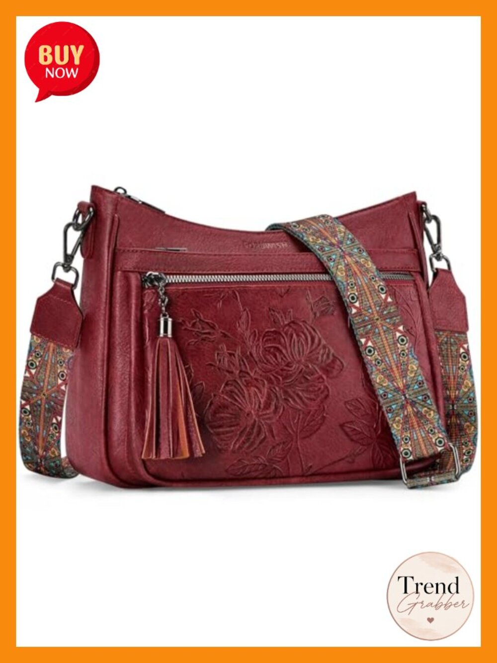 Vegan Leather Crossbody Bag with Boho Strap, Floral Embossing, Medium